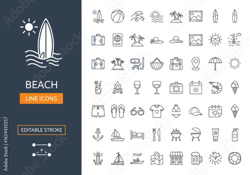 Beach and summer vacation line icon set. A comprehensive collection of symbols for travel, seaside holidays, and tropical life.