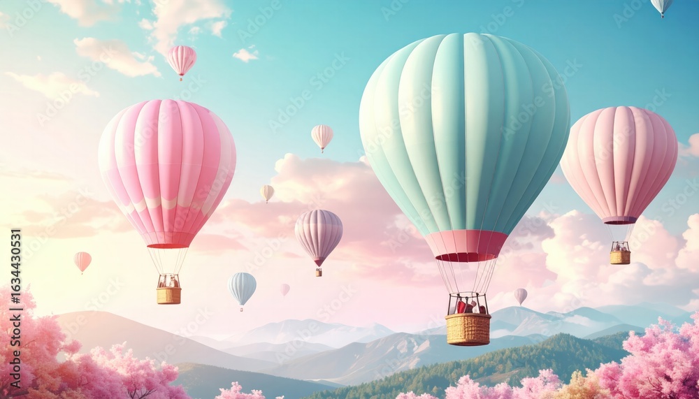 Obraz premium Colorful Hot Air Balloons Floating Above Lush Mountains with Cherry Blossom Trees Under a Bright Sunny Sky at Dusk