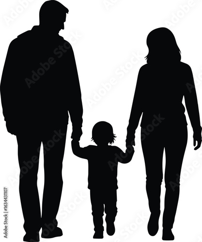 Happy family of three, a loving couple and their cute little child, holding hands and walking together, black and white silhouette, isolated on white.