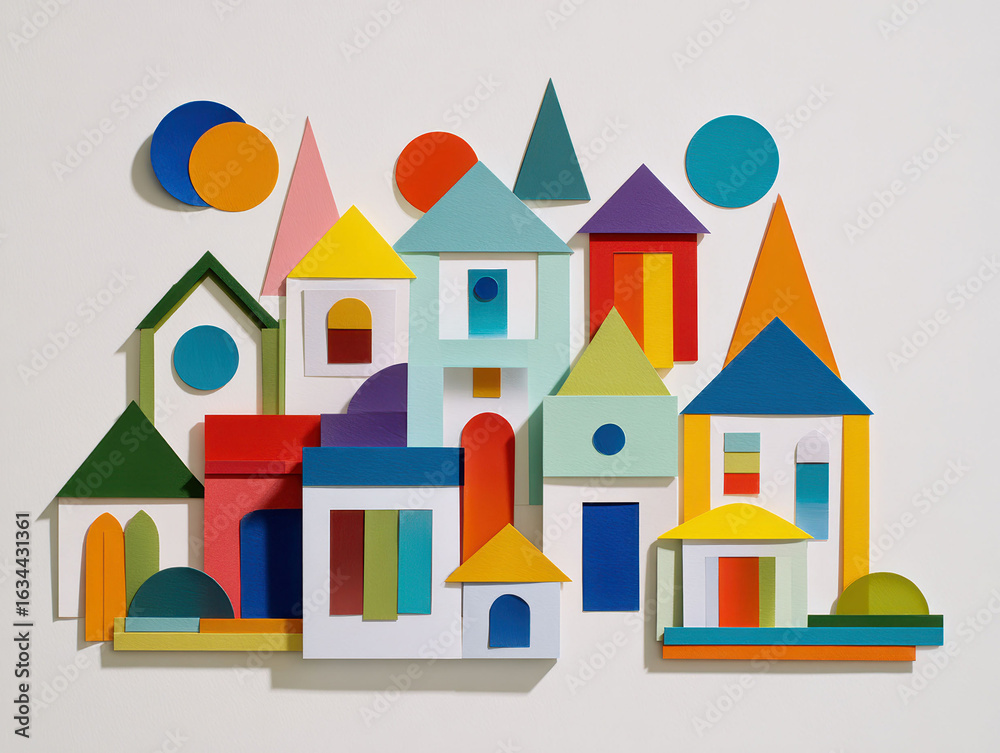 Fototapeta premium A vibrant, abstract collage featuring diverse houses in various colors red, yellow, green, blue with distinct patterns and roof styles pointed, flat Made of paper or cardstock, the - AI-Generated