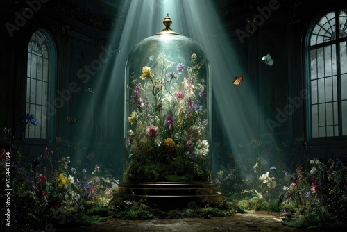 Grand floral display in ornate glass dome
