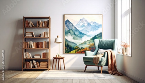 Wallpaper Mural Cozy Living Room Featuring Modern Furniture and Mountain Landscape Artwork in Bright and Spacious Interior Torontodigital.ca