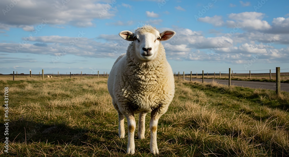 Obraz premium A single sheep stands in a grassy field under a blue sky with clouds, looking directly at the camera