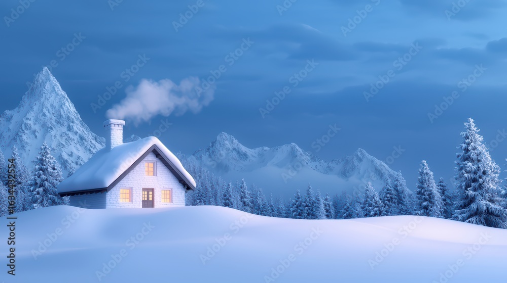 Fototapeta premium Cozy Winter Cottage in Snowy Mountain Landscape at Dusk
