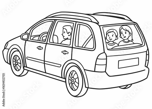 Simple line drawing of a family minivan, clean outlines, isolated on white background, coloring book page for kids, cartoon style, no gradients