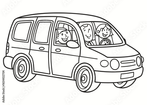 Simple line drawing of a family minivan, clean outlines, isolated on white background, coloring book page for kids, cartoon style, no gradients