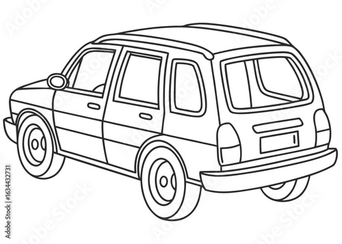 Simple line drawing of a family minivan, clean outlines, isolated on white background, coloring book page for kids, cartoon style, no gradients