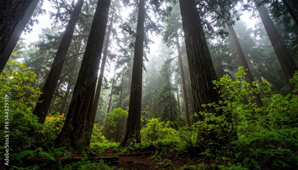 Fototapeta premium Foggy Forest with Towering Trees and Lush Greenery Creating a Serene Atmosphere in Nature