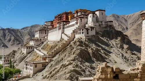 Thiksey Monastery Perched Atop Hill in Leh Ladakh India Underneath a Clear Blue Sky Against Mountain Landscape With Traditional Architecture