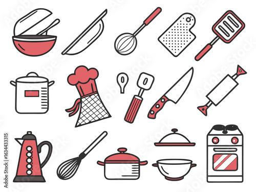 25 unique vector icons of kitchenware and food prep tools: pan, spatula, grater, mixing bowl, measuring cup, chef hat, apron, gas stove, cutting board, oven mitt, etc.