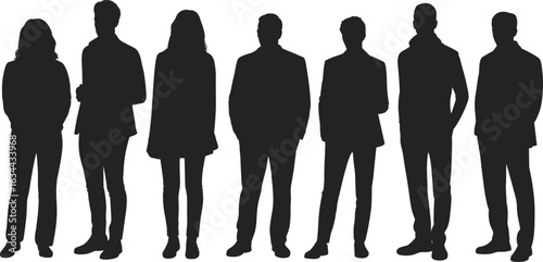 Silhouettes of eight standing business people in formal attire, professional team figures, corporate group, business professionals black silhouettes