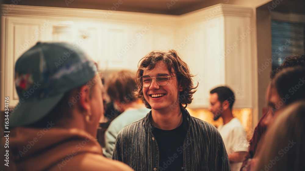 Obraz premium A smiling young man with glasses at an indoor gathering of several people