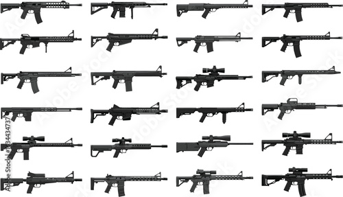 Collection of modern assault rifles and tactical sniper guns, isolated weapon silhouettes for military, war game, shooting range, or firearm concept design