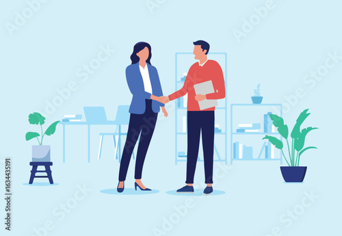 Deal and agreement handshake - Two professional business people, man and woman shaking hands in office work setting while smiling and being friendly. Flat design vector stock illustration