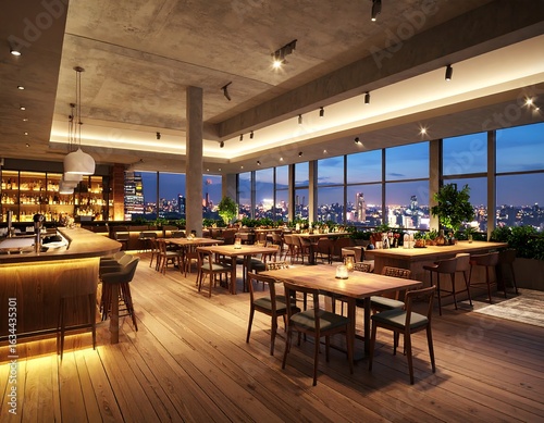 Elegant rooftop restaurant with city skyline view offers dining experience at twilight hour