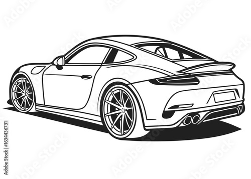 Sports car silhouette line art, sleek design, no interior details, high contrast outlines, children's coloring book, white negative space