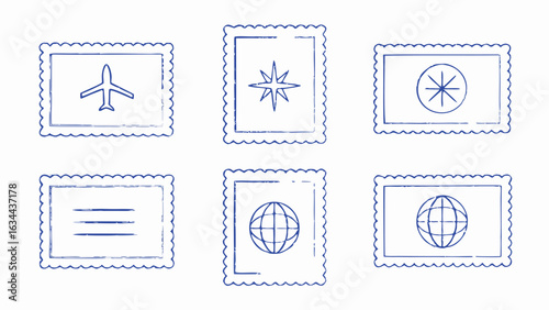 Collection of six blue postage stamp icons with airplane star globe and line designs in a grid layout