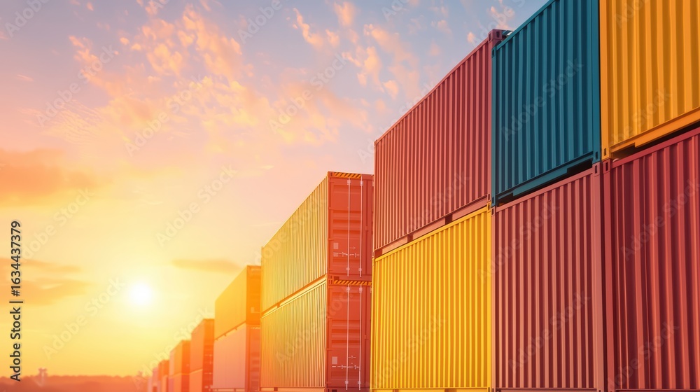 Fototapeta premium Colorful Shipping Containers at Sunset in Urban Environment