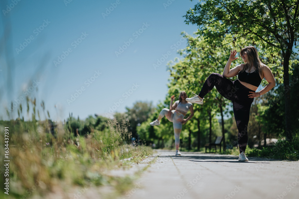 Fototapeta premium Women practicing fitness activities in a sunny park, displaying physical effort and wellness in a natural environment.