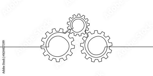 Line gear continuous one art icon cog work business factory wheel. Gear line continuous vector outline setting computer cogwheel technology sketch drawing science stroke machine brain background.