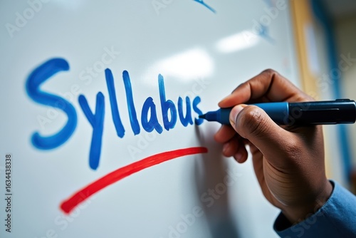 Teacher Writing Syllabus on Whiteboard in Classroom