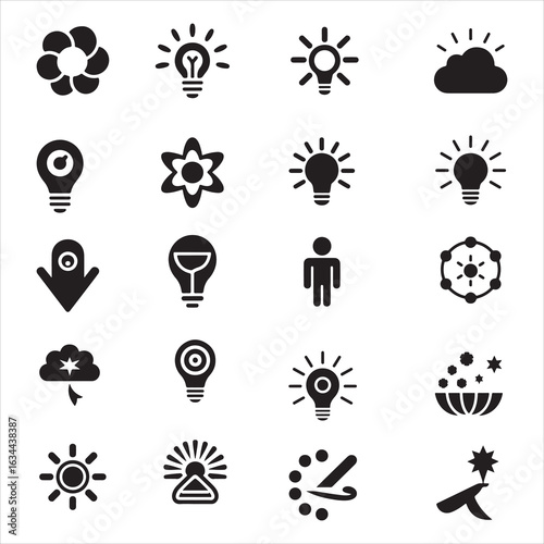 Creative idea icons set in bold filled style. Innovation, startup, and smart solution symbols. Vector pack for digital media and print.