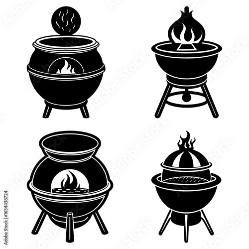 Illustration of four different styles of outdoor fireplaces and grills in black and white vector format