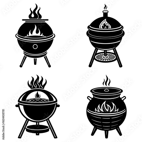 Illustration of four different types of grills with flames in a black and white style design