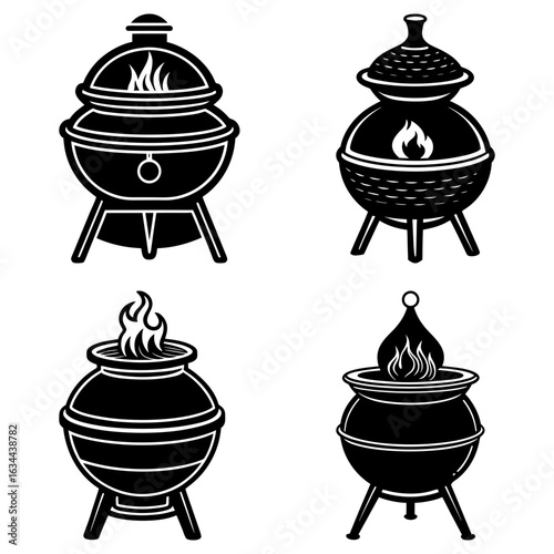 Illustration of four black and white fire pits with flames in a vector graphic style design element