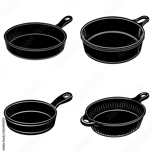 Four stylized black and white cooking pans with handles arranged in a grid pattern on white background