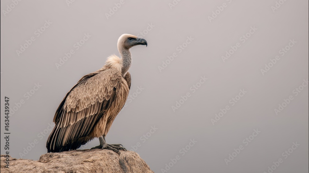 Fototapeta premium A vulture perches on a rock facing right with a light grey background Its feathers show various shades of brown