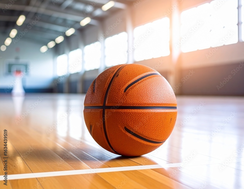 Fototapeta premium A vibrant orange basketball rests on a polished wooden court floor inside a sunlit gymnasium, with a hoop in the background.