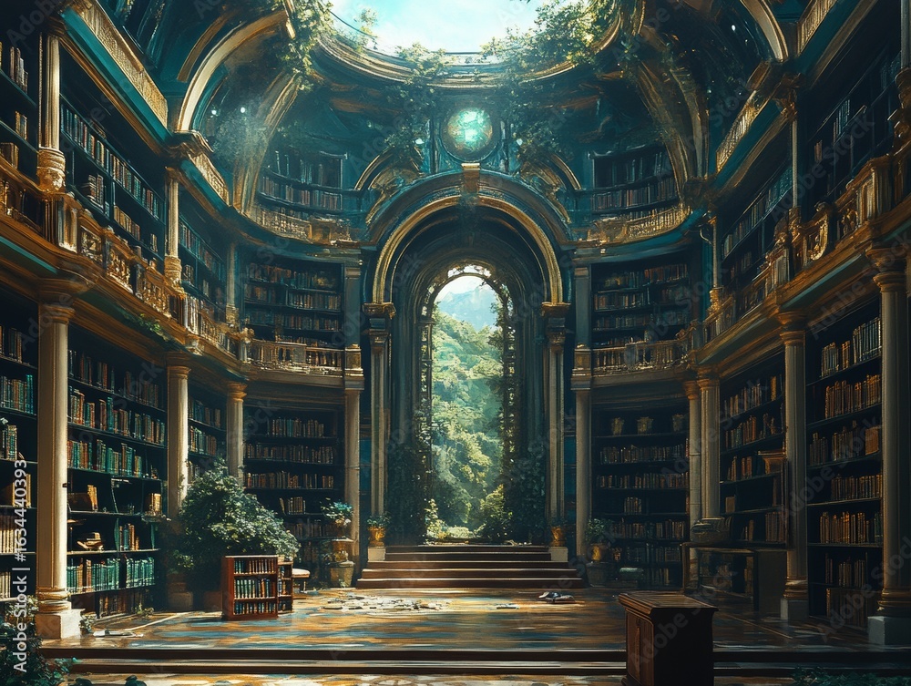 Obraz premium Sanctuary of Sapphire and Gold: A Majestic Fantasy Library, Bathed in Ethereal Light, Unveils a Verdant World Beyond its Grand, Vine-Kissed Archway