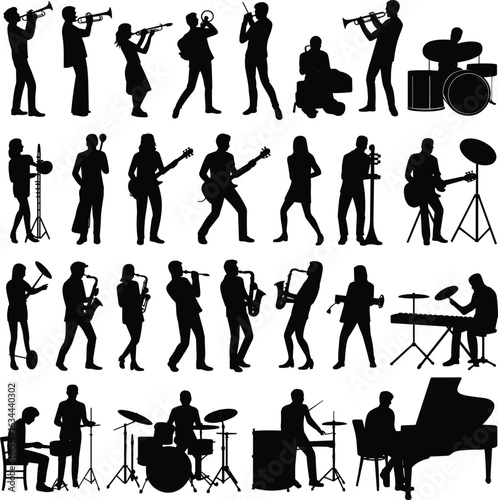 Silhouettes of musicians playing instruments – trumpet, guitar, drums, saxophone, piano clipart for music designs and creative projects
