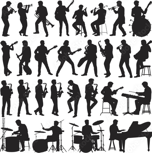 Silhouettes of dynamic musicians playing guitar, trumpet, saxophone, drums, and piano for music, entertainment, and concert design projects