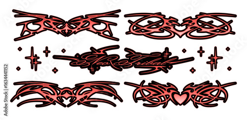 Neo tribal heart tattoo shapes. Symmetrical sharp wings and flame elements. Vector collection	

