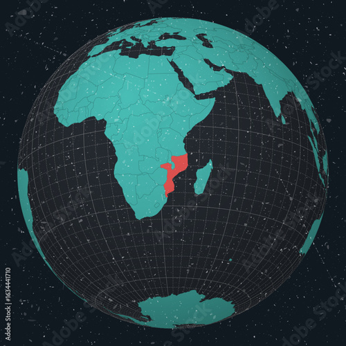 Mozambique on Globe. Vintage look with grunge scratched texture. Country view on world map in Dark Charcoal Turquoise color palette. Mozambique shape on map. Globe with meridians and parallels.