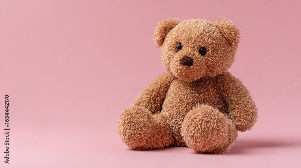 Obraz premium Brown teddy bear sitting on a pink surface facing right with small ears and a round body