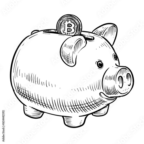 piggy bank and bitcoin vector hand drawn illustration