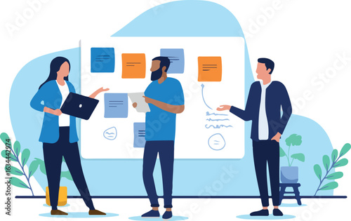 Workshop businesspeople - Team of people working on whiteboard taking notes, getting insights and doing project process for company strategy together. Flat design vector illustration graphic