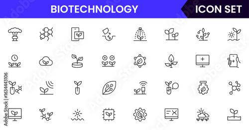 Biotechnology vector line icons featuring DNA strands, microscopes, test tubes, genetic engineering, lab equipment, research, cells, molecules, and scientific innovation.