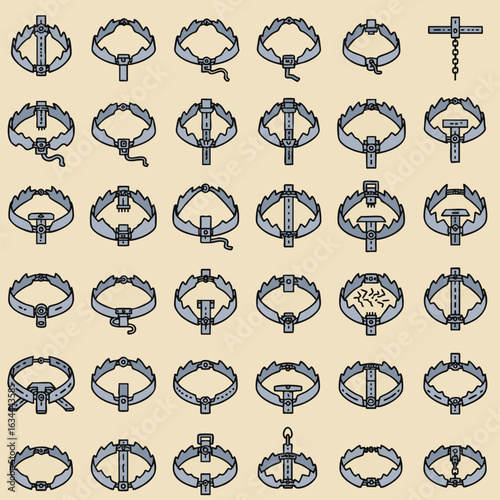 Vector icon set of animal hunting traps. A collection of illustrated leg-hold and foothold trapping devices shown in a flat outline style grid.