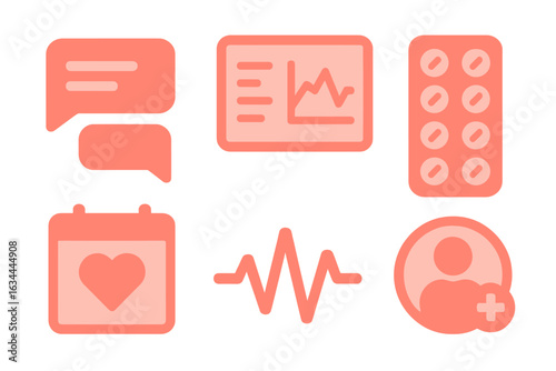 Health care icons representing emotional support, data analysis, medication, and wellness monitoring in a vibrant design