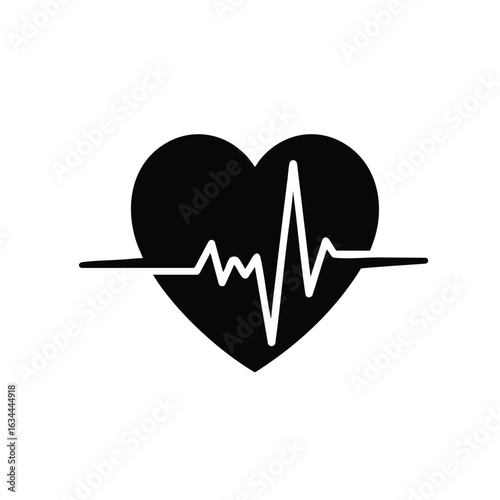 Heart with a pulse line icon. A black silhouette with an EKG waveform, symbolizing medical healthcare, cardiology, and life.