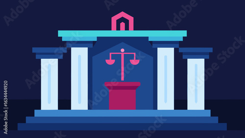 High tech courtroom with glowing justice podium