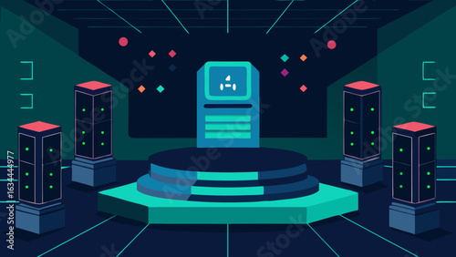 AI server room with central futuristic podium