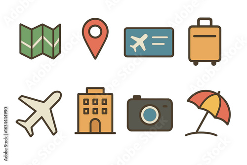 Various travel icons including map, airplane, and suitcase, symbolizing vacation planning and journeys
