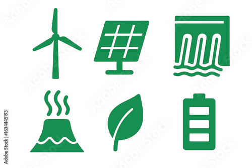 Renewable energy symbols illustrating wind, solar, hydro, geothermal, biomass, and battery storage