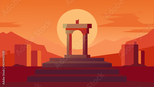 sacred ruins with podium at altar glowing in sunset