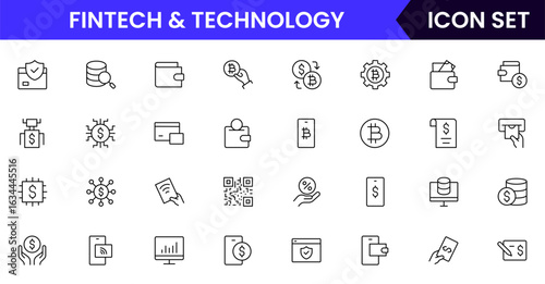 Fintech and Technology vector line icons featuring mobile banking, digital wallets, financial apps, blockchain, investments, transactions, analytics, security, and payment solutions.